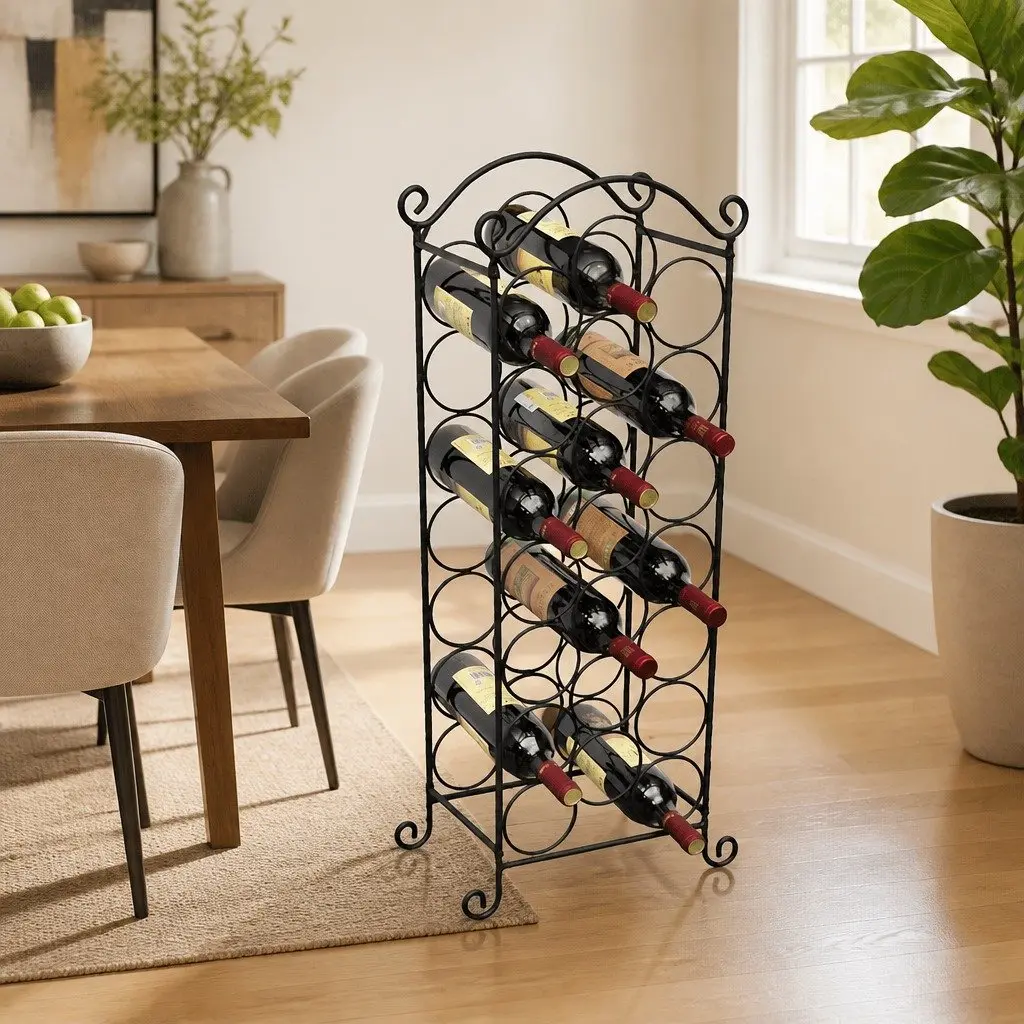 Wine Rack Metal 21 Bottle Storage Holder Black Classic Design Home Bar Display