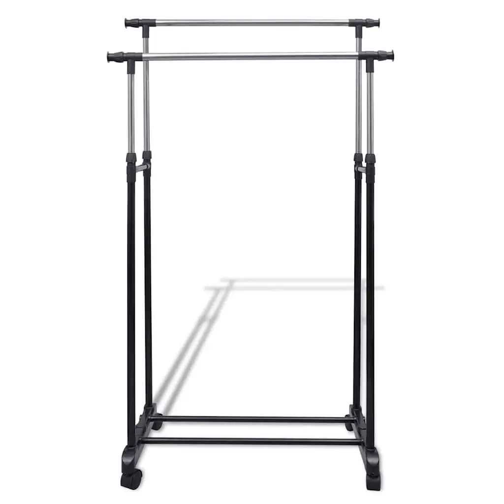 Adjustable Clothes Rack Garment Storage Height Adjustable Black 4 Castors 2 Hanging Rails