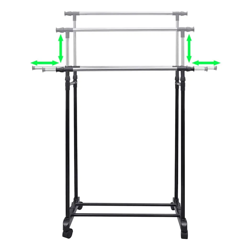 Adjustable Clothes Rack Garment Storage Height Adjustable Black 4 Castors 2 Hanging Rails
