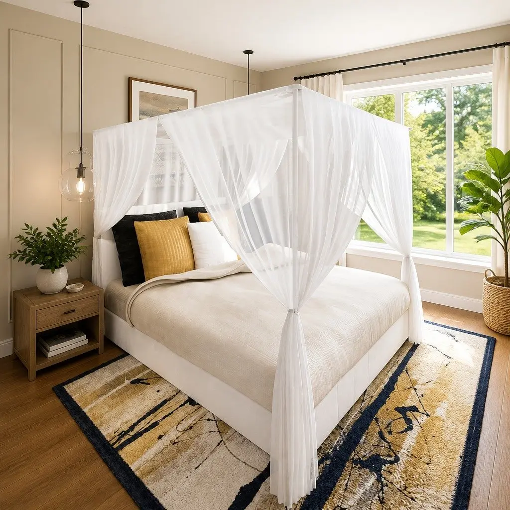 Square Insect Screen Bed Curtain Set of 2 White 3 Openings Mosquito Net