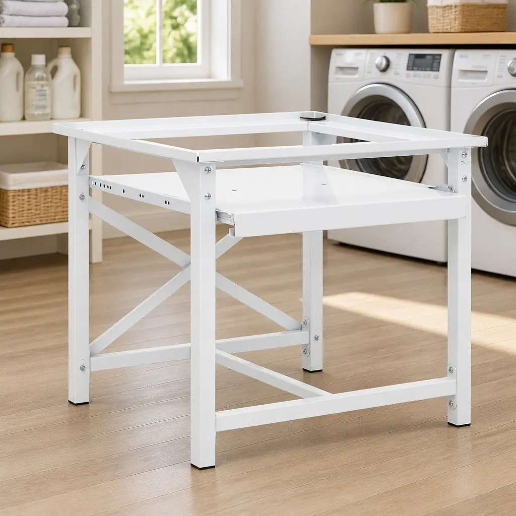 White Washing Machine Pedestal with Pull-Out Shelf for Stability