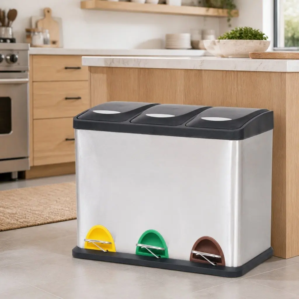 Recycling Pedal Bin Kitchen Waste Sorting 24L Stainless Steel 3 Bins
