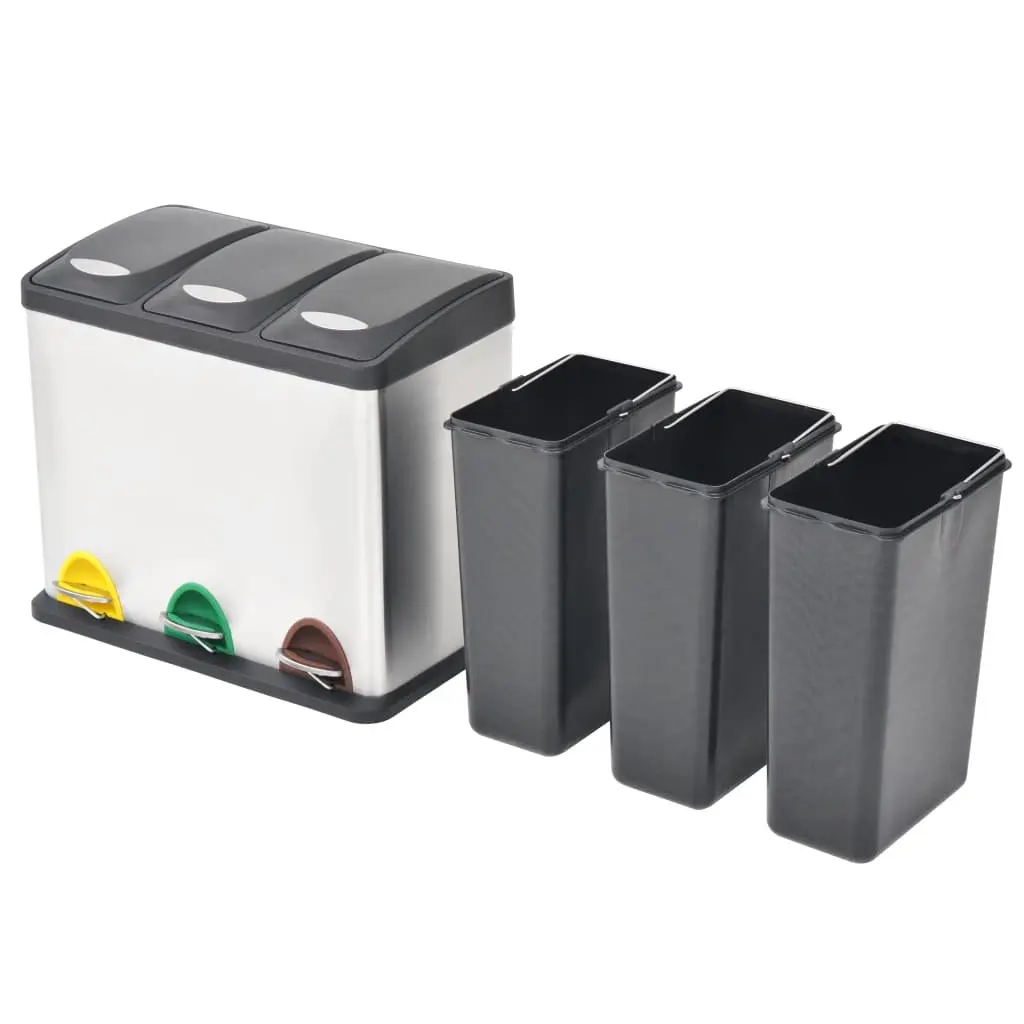 Recycling Pedal Bin Kitchen Waste Sorting 24L Stainless Steel 3 Bins