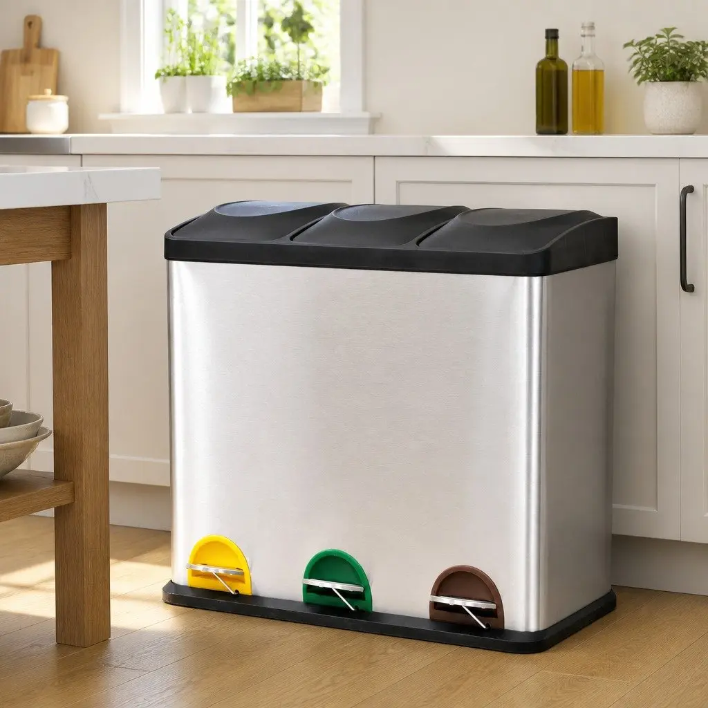 Recycling Pedal Bin 54L Stainless Steel Kitchen Rubbish Trash Can 3 Compartments Silver