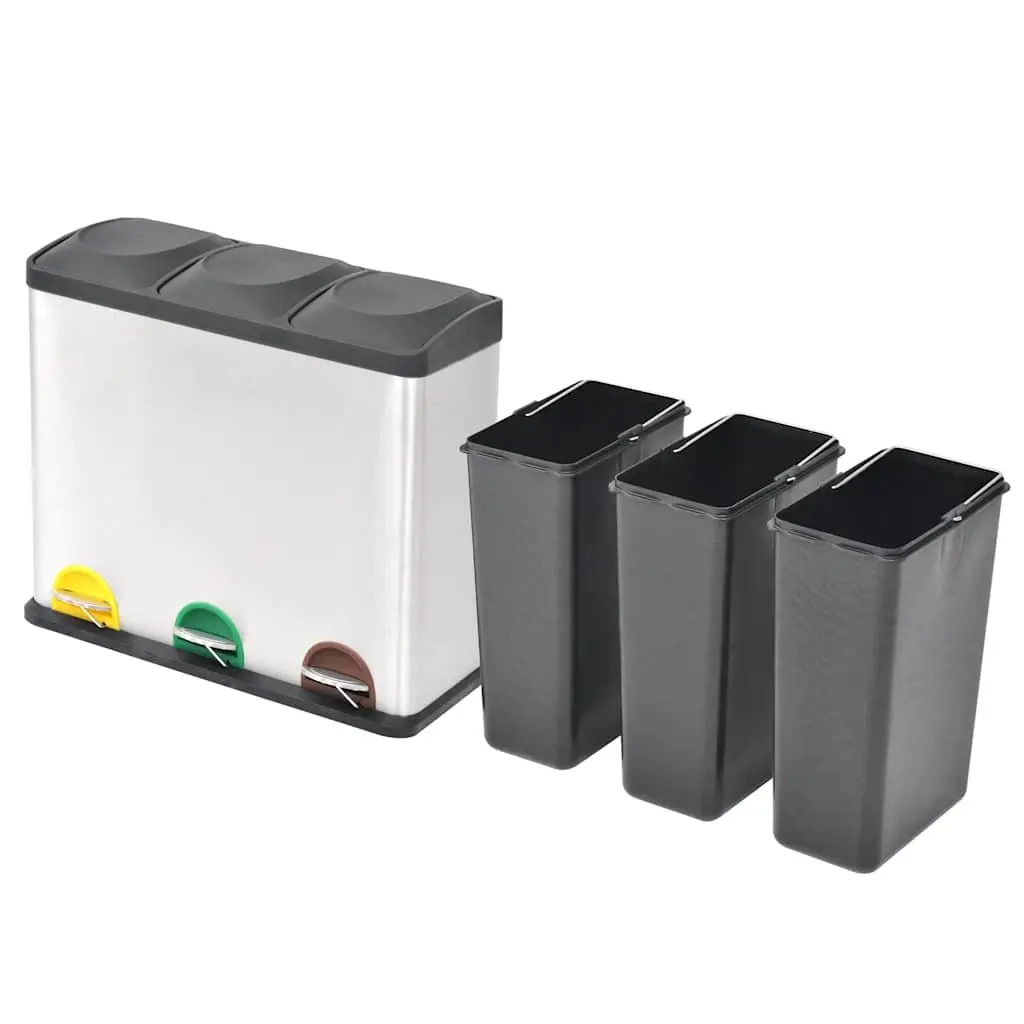 Recycling Pedal Bin 54L Stainless Steel Kitchen Rubbish Trash Can 3 Compartments Silver