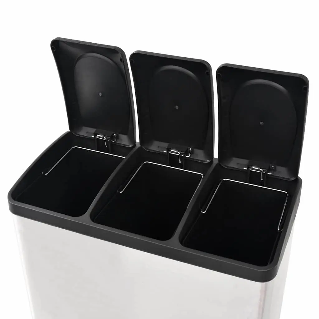 Recycling Pedal Bin 54L Stainless Steel Kitchen Rubbish Trash Can 3 Compartments Silver