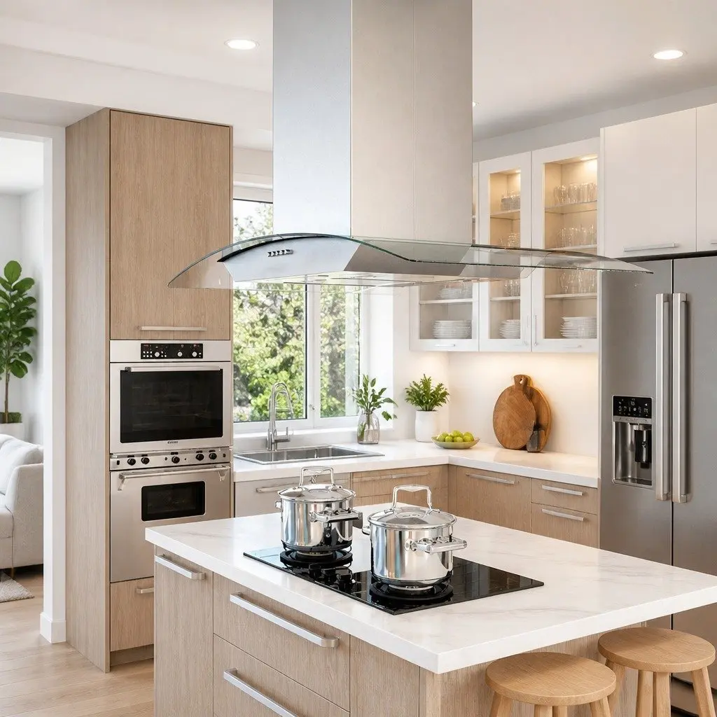 Island Range Hood 90cm Stainless Steel Curved Glass Canopy Silver
