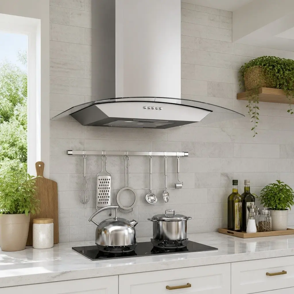 Wall Mounted Range Hood 60cm Silver Stainless Steel Curved Glass