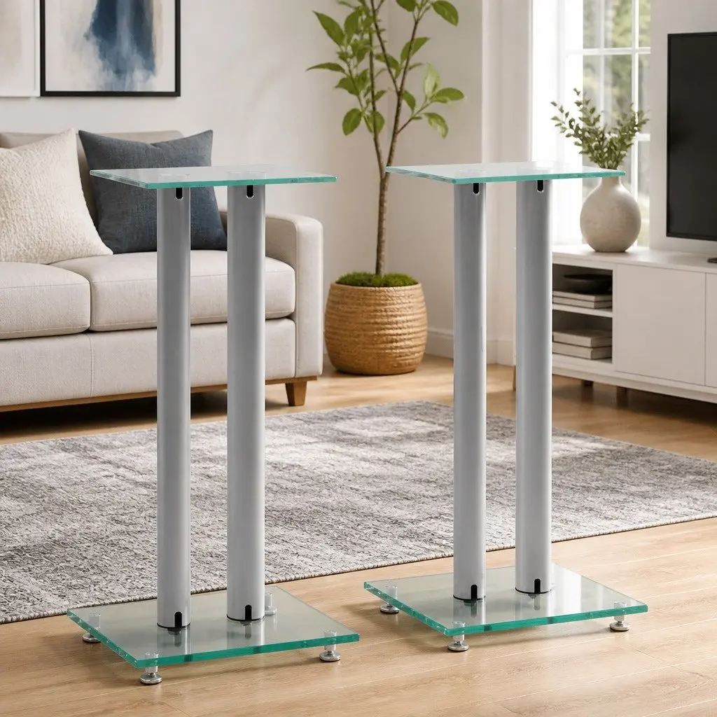 Silver Speaker Stands with Glass Top