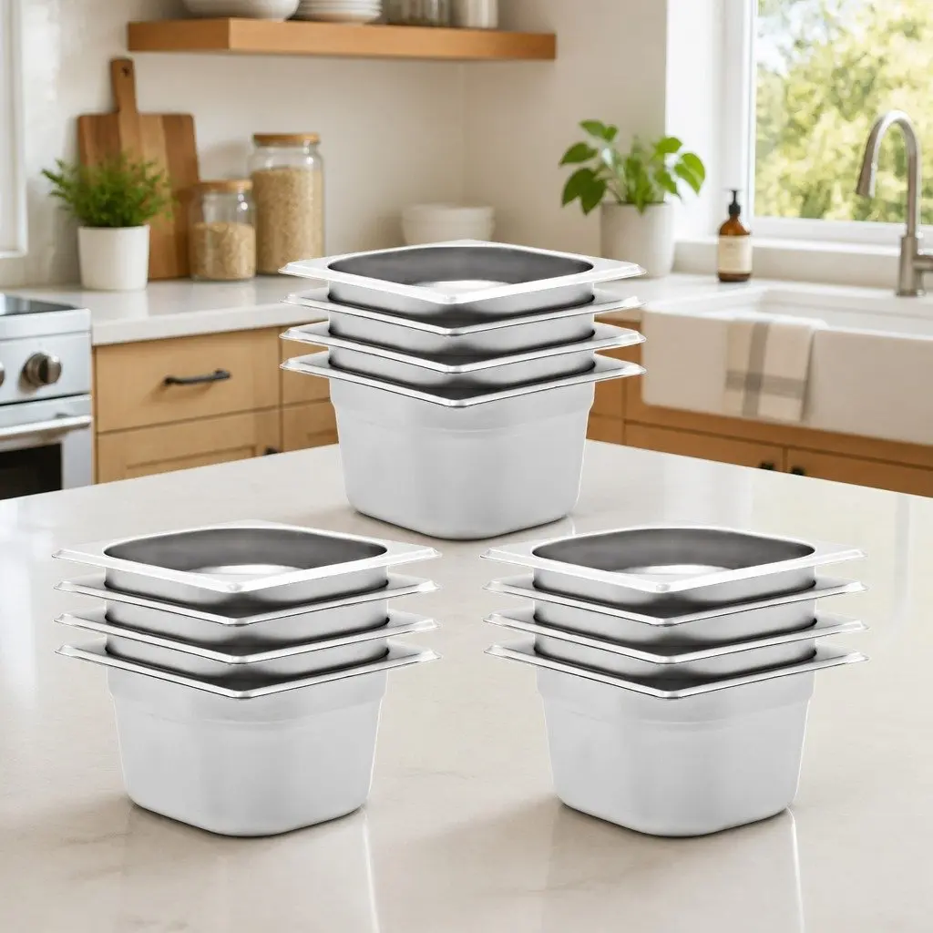 Gastronorm Containers Stackable Silver 100 mm GN 1/6 for Steam Table Professional and Home Kitchen Use Set of 12