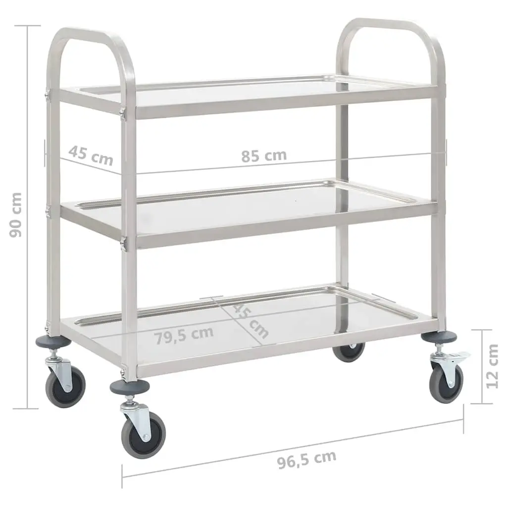 3-Tier Kitchen Trolley Stainless Steel Serving Cart Silver 96.5 x 55 x 90 cm