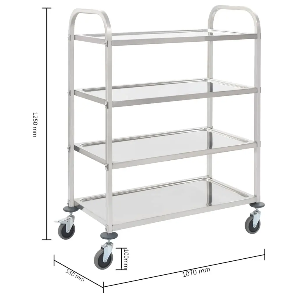 4-Tier Kitchen Trolley Serving Cart Stainless Steel Rolling Storage Shelves Silver