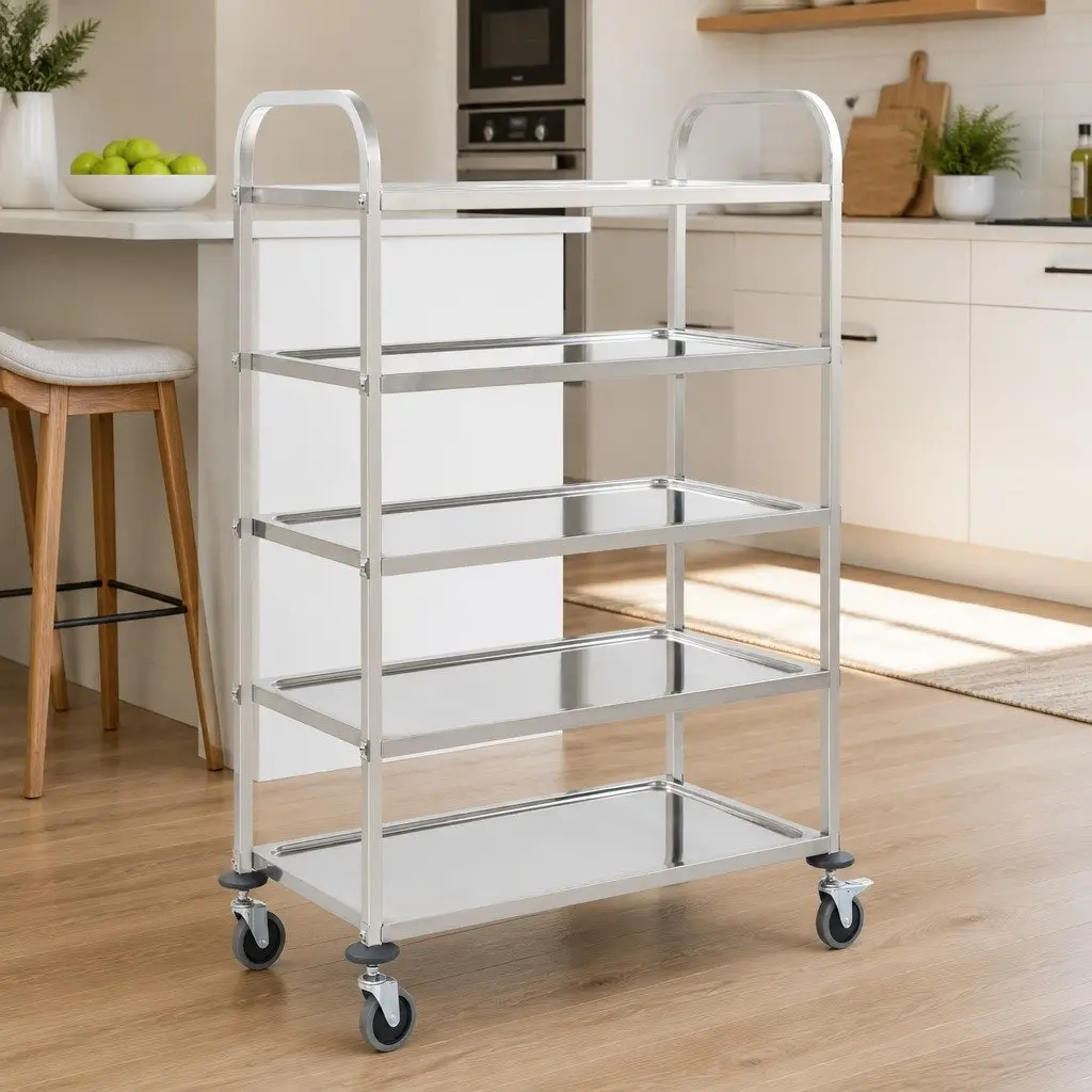 5-Tier Kitchen Trolley Stainless Steel Frame Rolling Serving Cart Storage