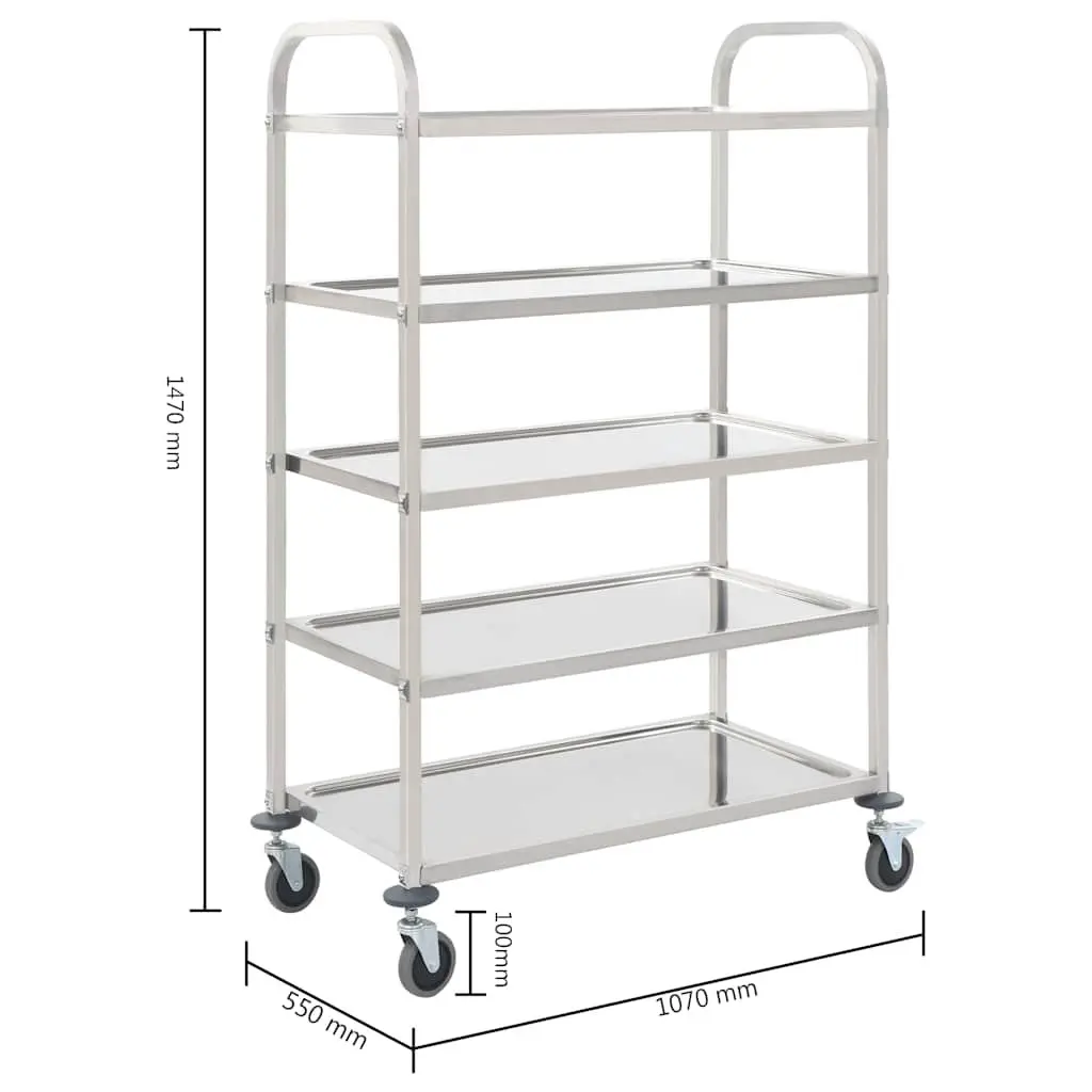 5-Tier Kitchen Trolley Stainless Steel Frame Rolling Serving Cart Storage