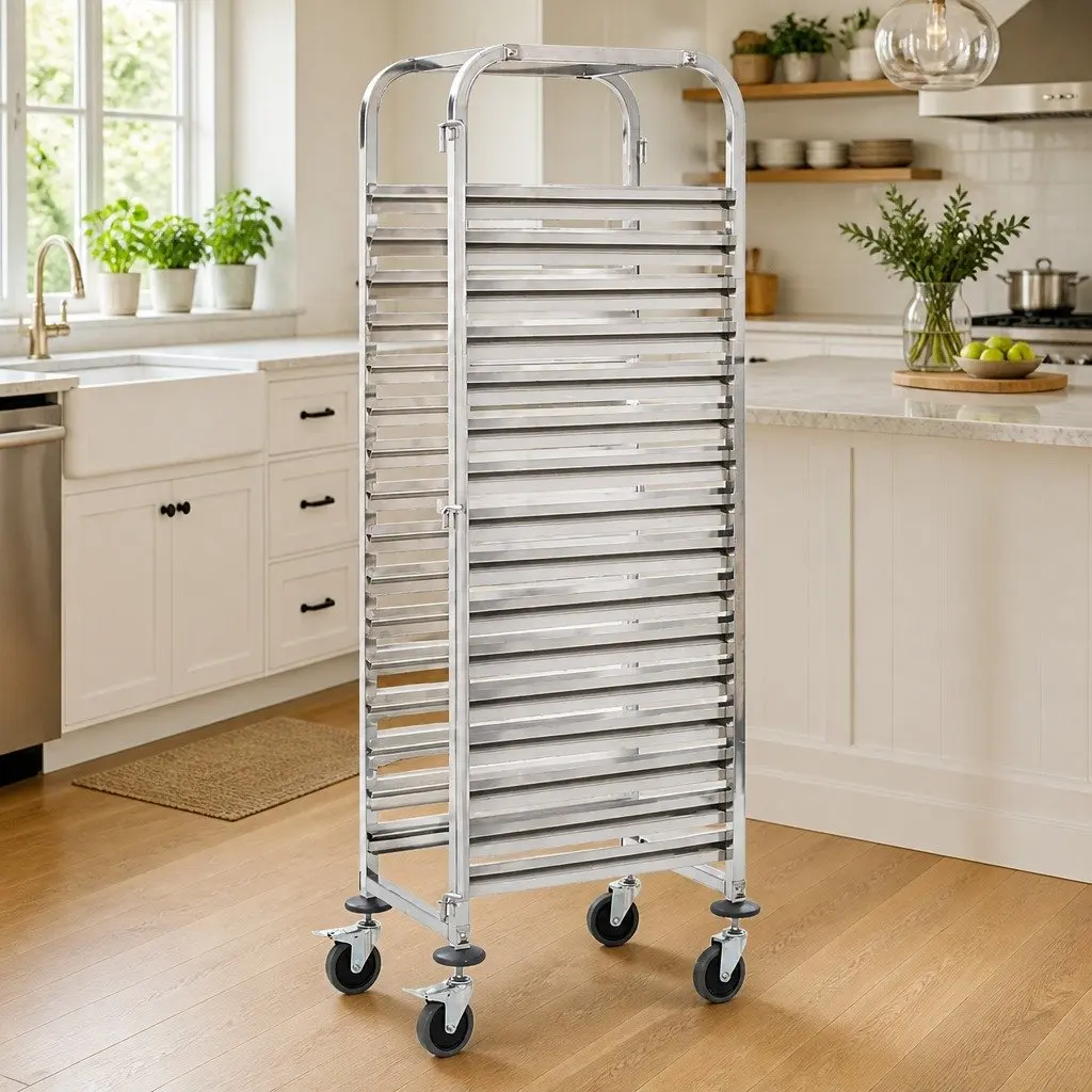 Kitchen Trolley Catering Serving Cart 16 Tray Capacity Stainless Steel Frame Silver