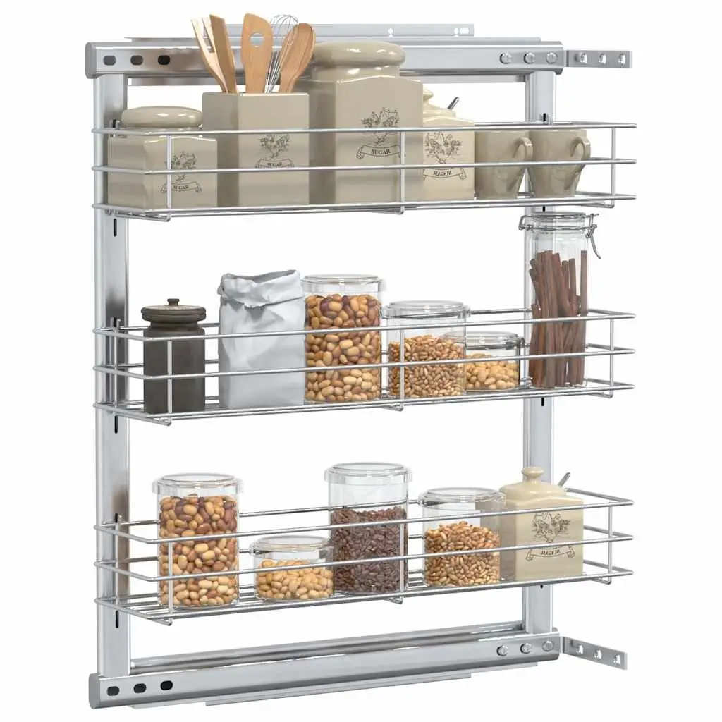 3-Tier Pull-Out Kitchen Wire Basket Storage Organiser Cupboard Rack Silver 47 x 15.5 x 55.5 cm