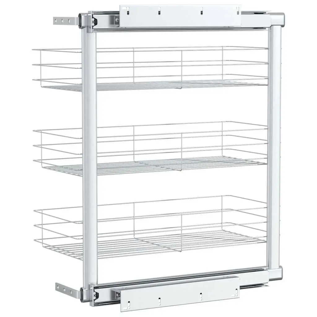 3-Tier Pull-Out Kitchen Wire Basket Storage Organiser Cupboard Shelf Rack Silver
