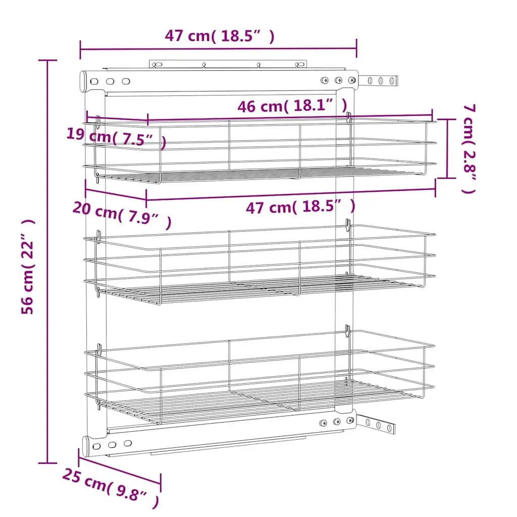 3-Tier Pull-Out Kitchen Wire Basket Storage Organiser Cupboard Shelf Rack Silver