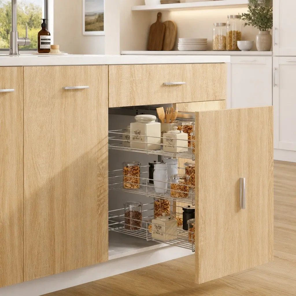 3-Tier Pull-out Kitchen Wire Basket Storage Organiser Silver 47 x 35 x 56 cm