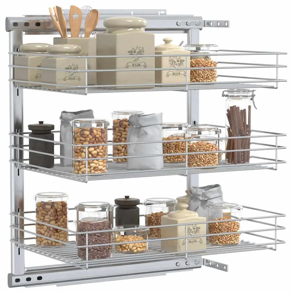 3-Tier Pull-out Kitchen Wire Basket Storage Organiser Silver 47 x 35 x 56 cm