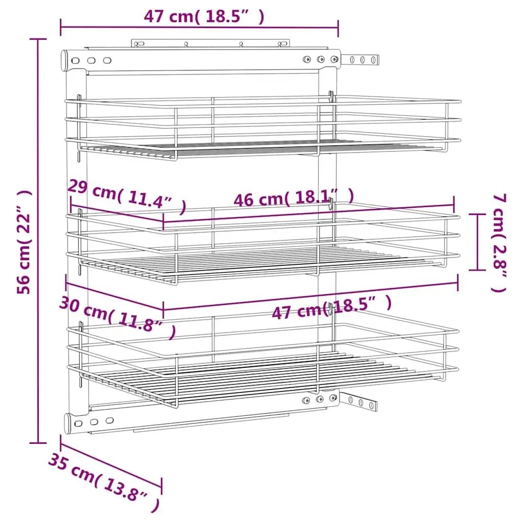 3-Tier Pull-out Kitchen Wire Basket Storage Organiser Silver 47 x 35 x 56 cm