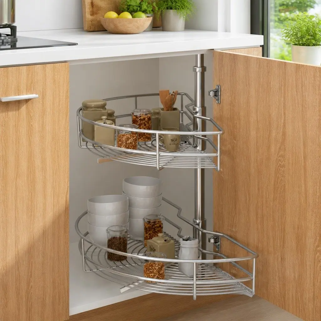2-Tier Wire Basket Kitchen Organiser 180 Degree Rotating Storage Rack Silver
