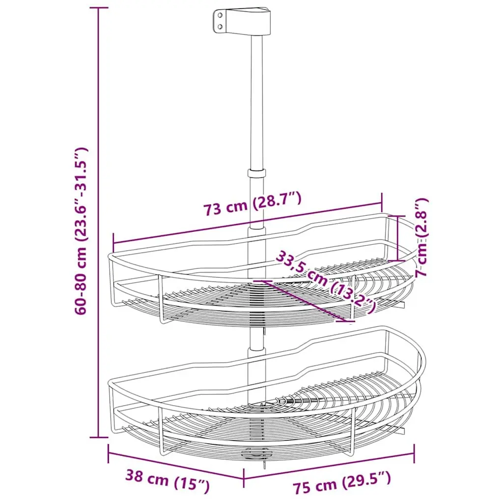 2-Tier Wire Basket Kitchen Organiser 180 Degree Rotating Storage Rack Silver