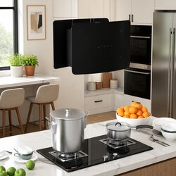 Island Range Hood Hanging Ceiling Mount Touch Sensor LCD Black Glass Kitchen