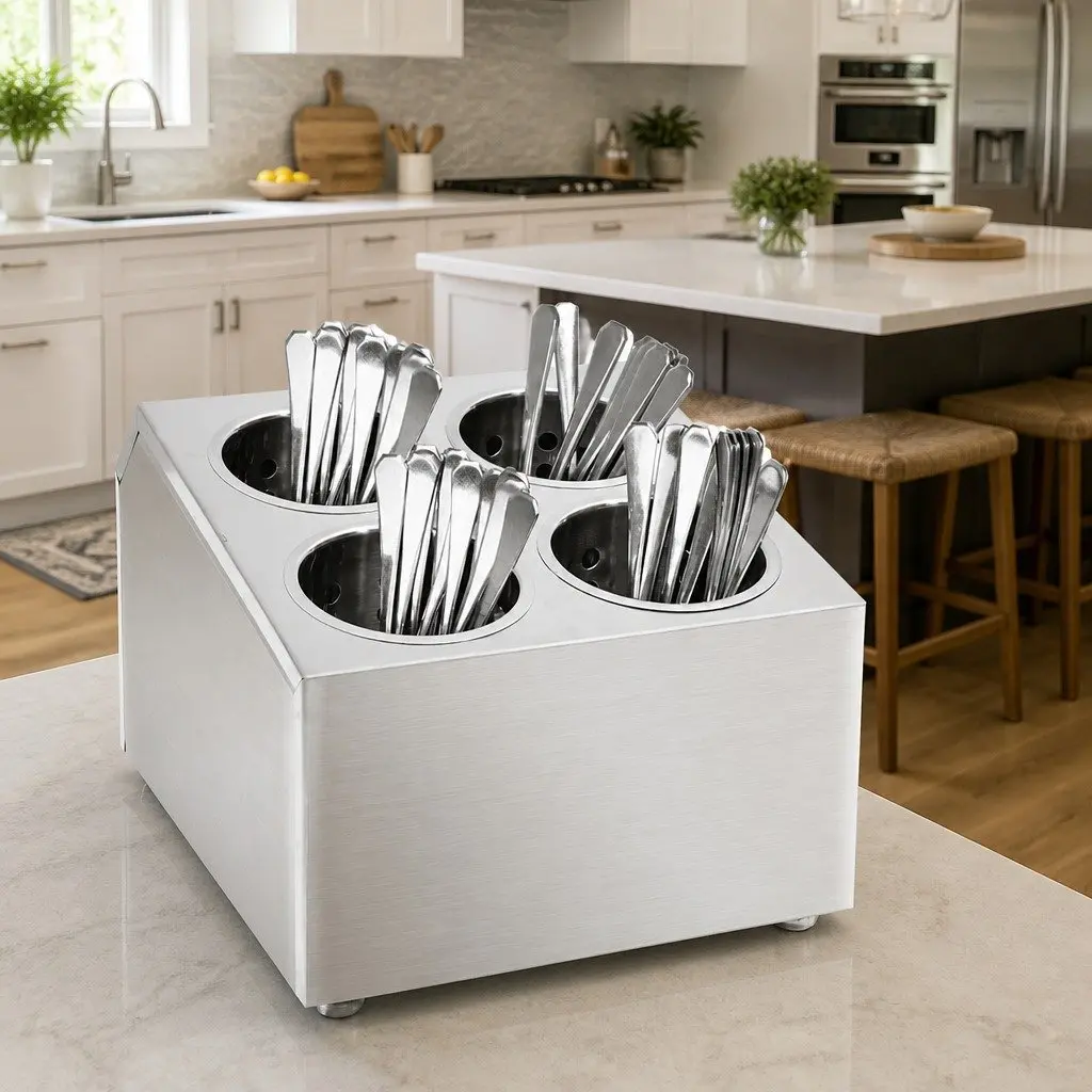 Cutlery Holder Stainless Steel Kitchen Utensil Caddy 4 Grids Silver