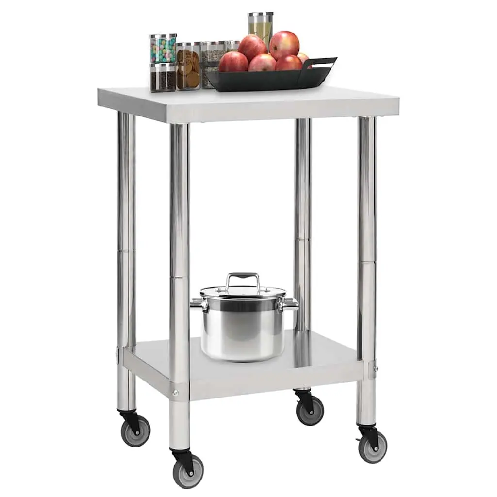 Commercial Kitchen Work Table Food Prep Stainless Steel 60 x 60 x 85 cm with Wheels
