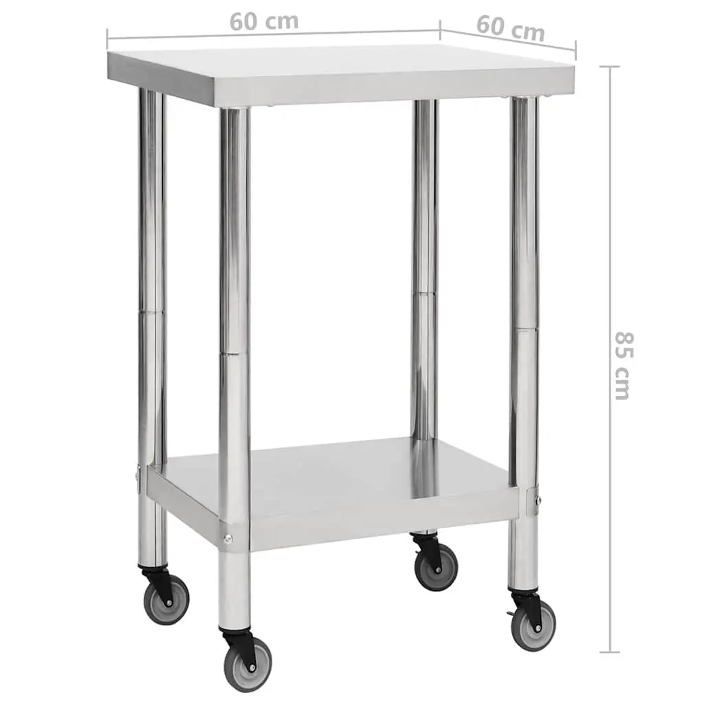 Commercial Kitchen Work Table Food Prep Stainless Steel 60 x 60 x 85 cm with Wheels
