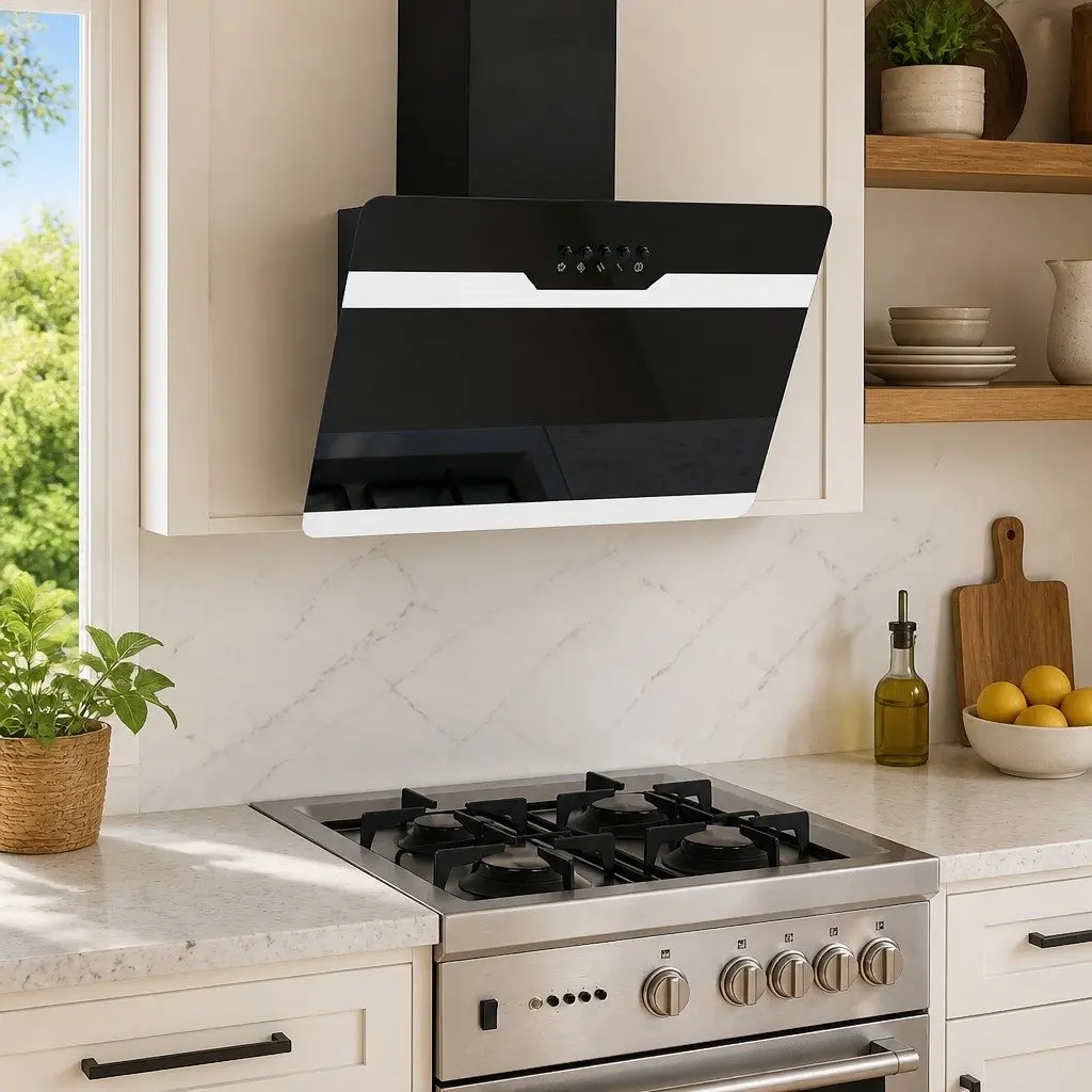 Wall Range Hood Kitchen Extractor 60cm Black Tempered Glass