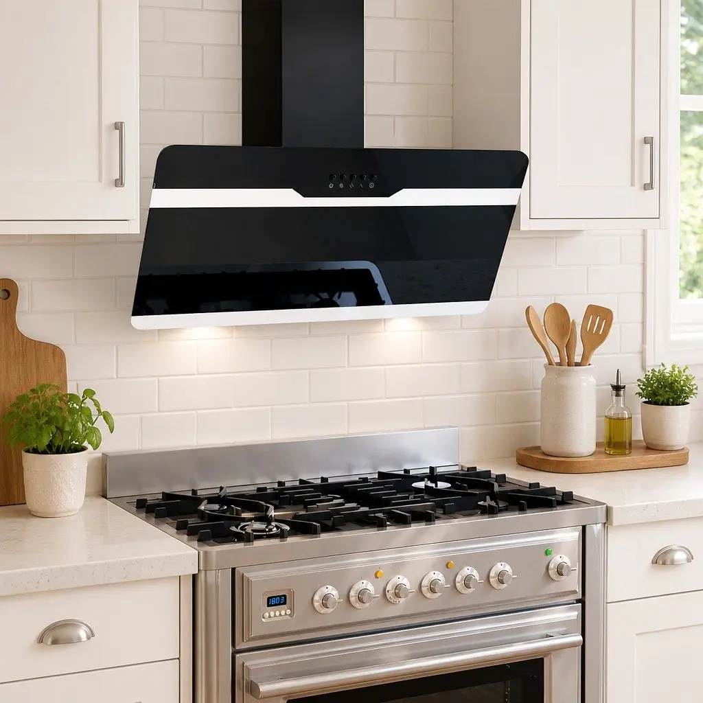 Wall Range Hood Kitchen Extractor 90cm Black Tempered Glass 297m³/h