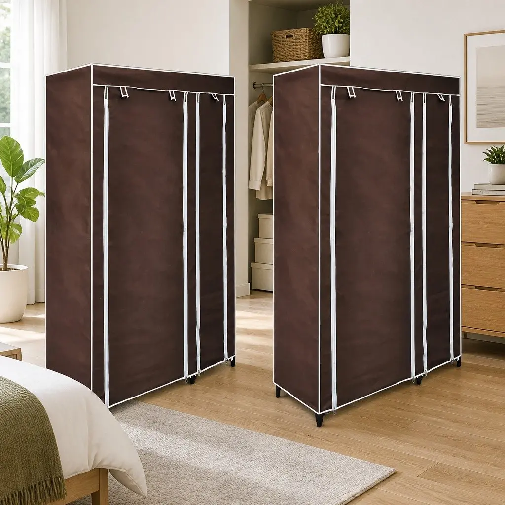 Fabric Folding Wardrobes 2pcs Brown Portable Storage Closet Bedroom Organiser