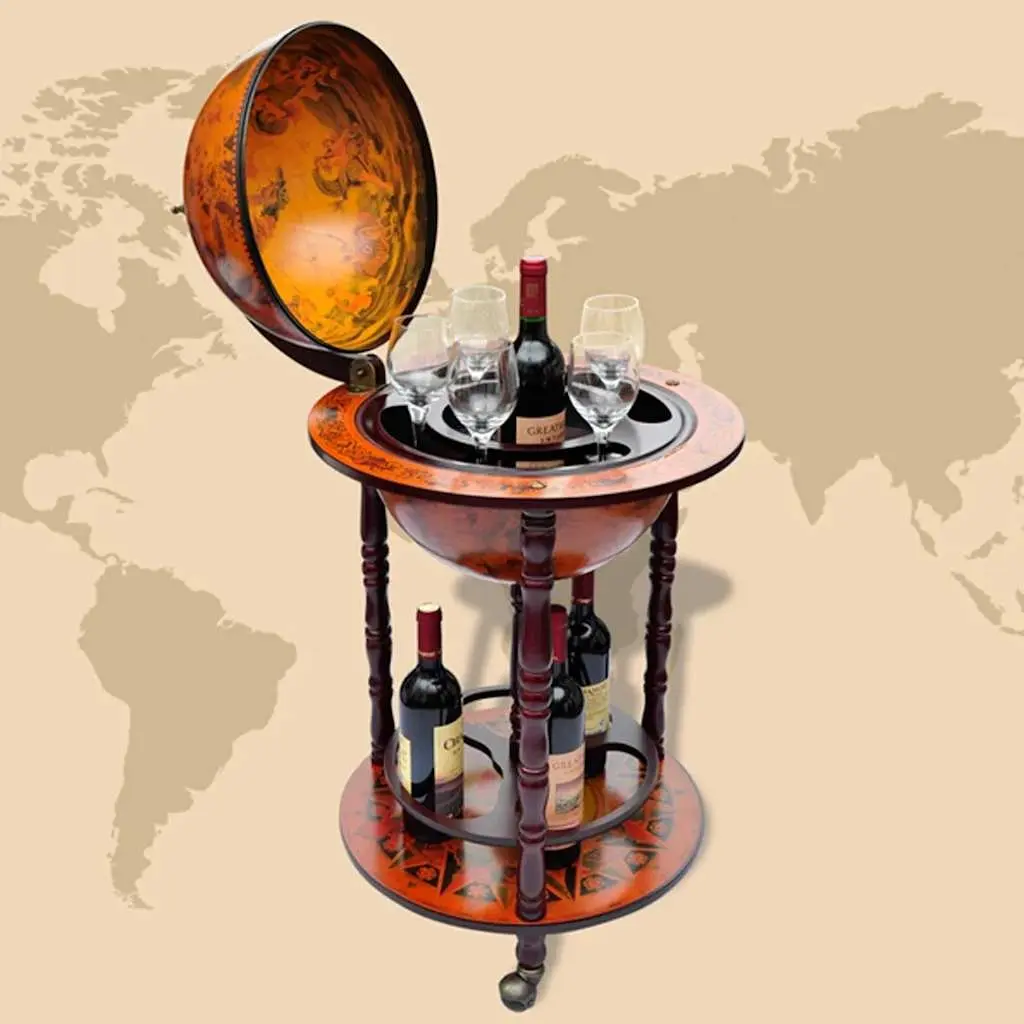 Wooden Globe Bar Cabinet Storage Stand with Bottle Glass Holders Brown