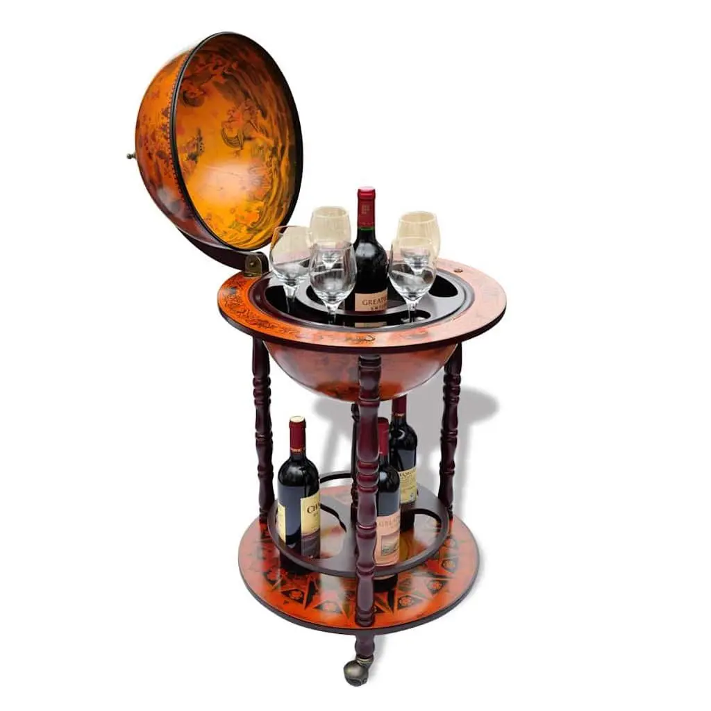Wooden Globe Bar Cabinet Storage Stand with Bottle Glass Holders Brown