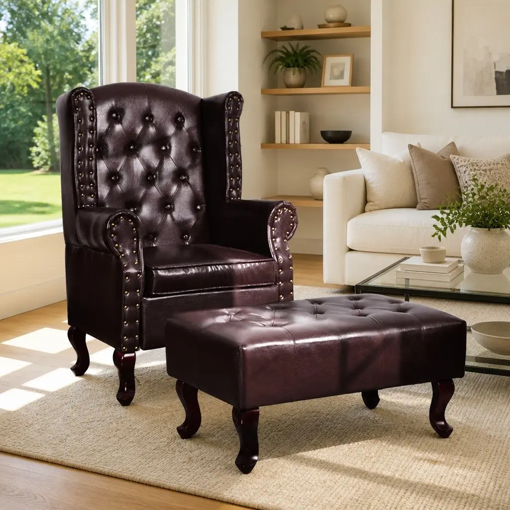 Chesterfield Armchair Footstool Dark Brown Faux Leather