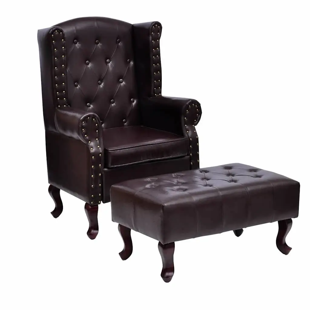 Chesterfield Armchair Footstool Dark Brown Faux Leather