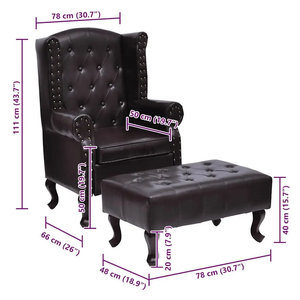 Chesterfield Armchair Footstool Dark Brown Faux Leather
