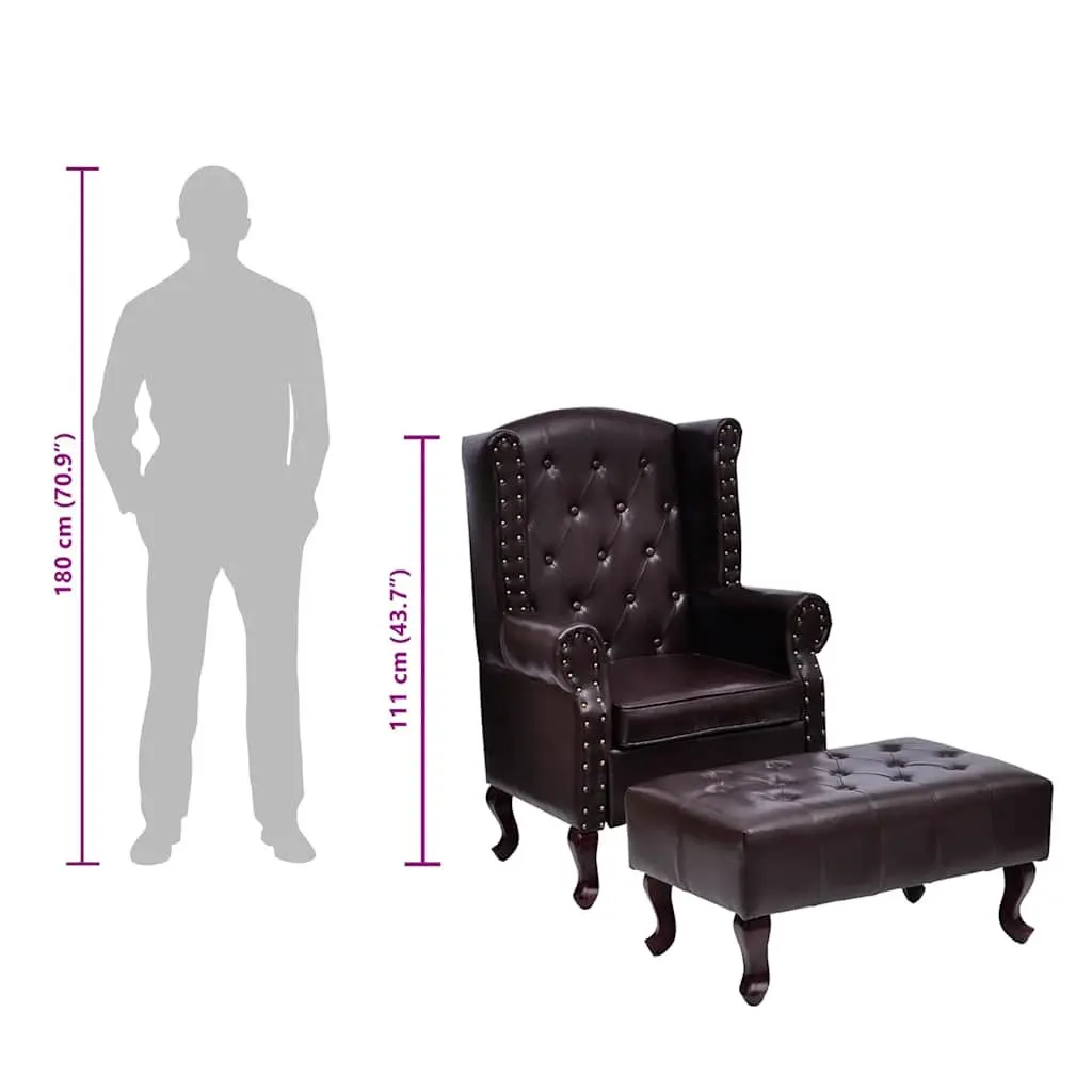 Chesterfield Armchair Footstool Dark Brown Faux Leather