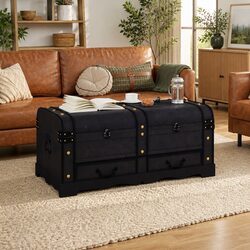 Large Wooden Storage Chest Black Vintage Treasure Box Coffee Table Latch Handles