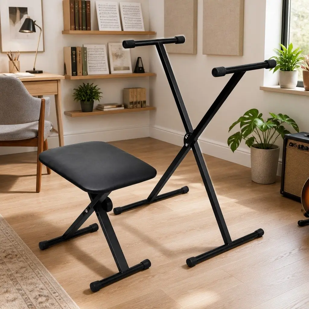 Adjustable Keyboard Stand and Stool Set Black Heavy Duty