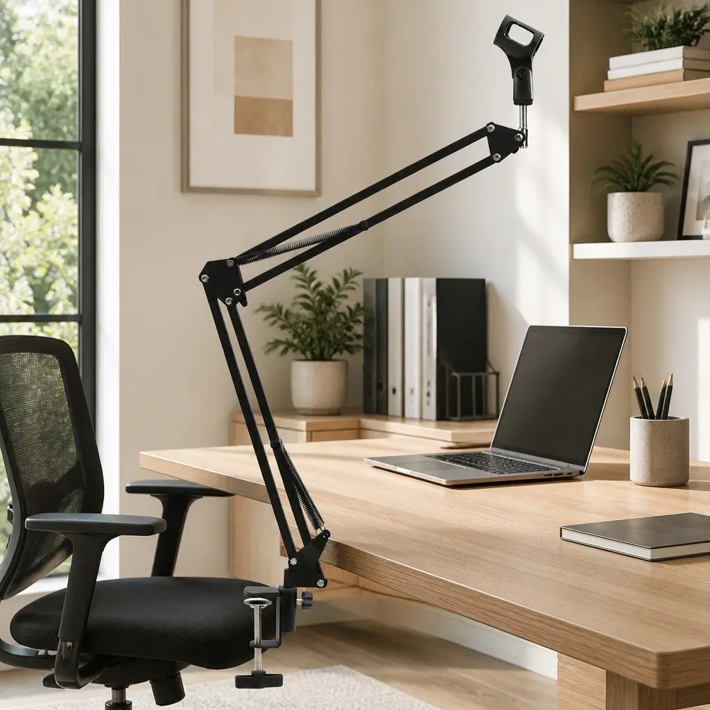 Adjustable Scissor Arm Microphone Stand Black Steel Table Clamp Desktop Use