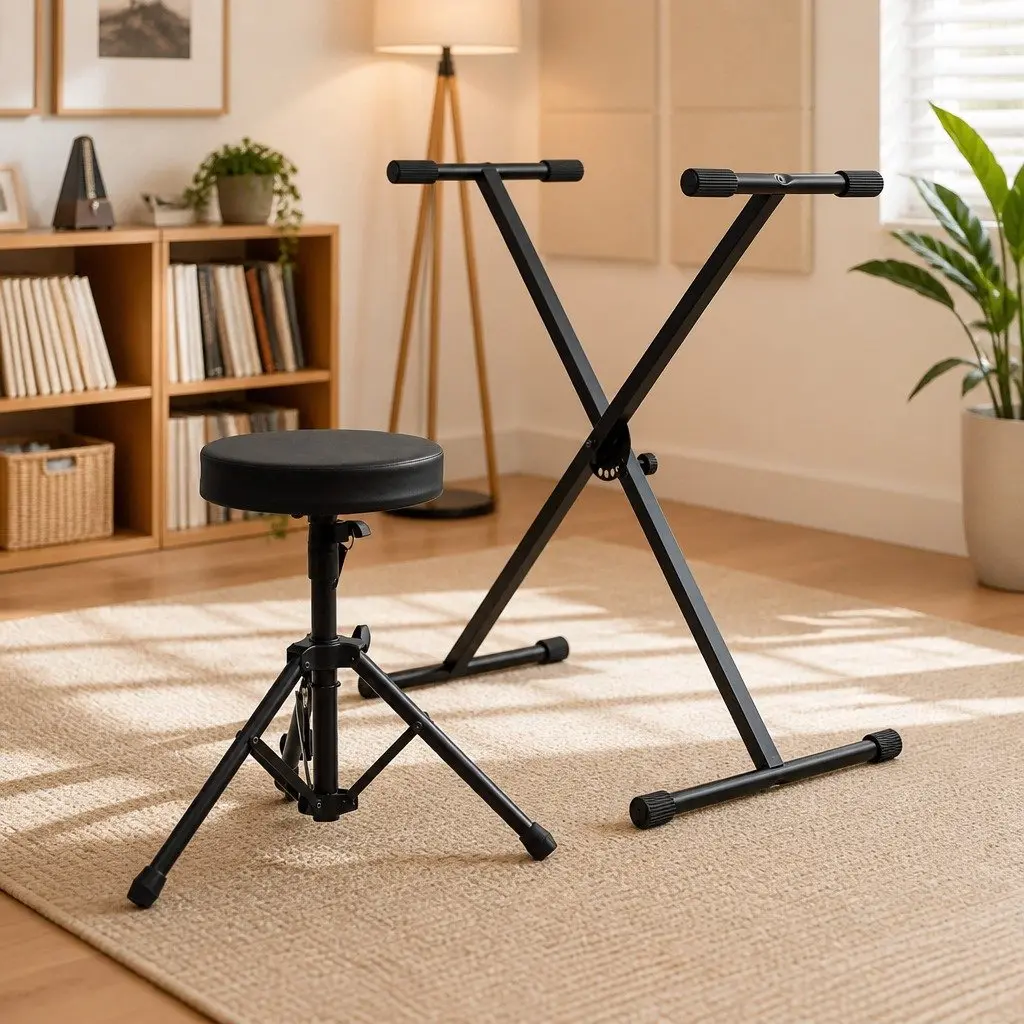 Adjustable Keyboard Stand and Stool Set for Music Performance Practice Black