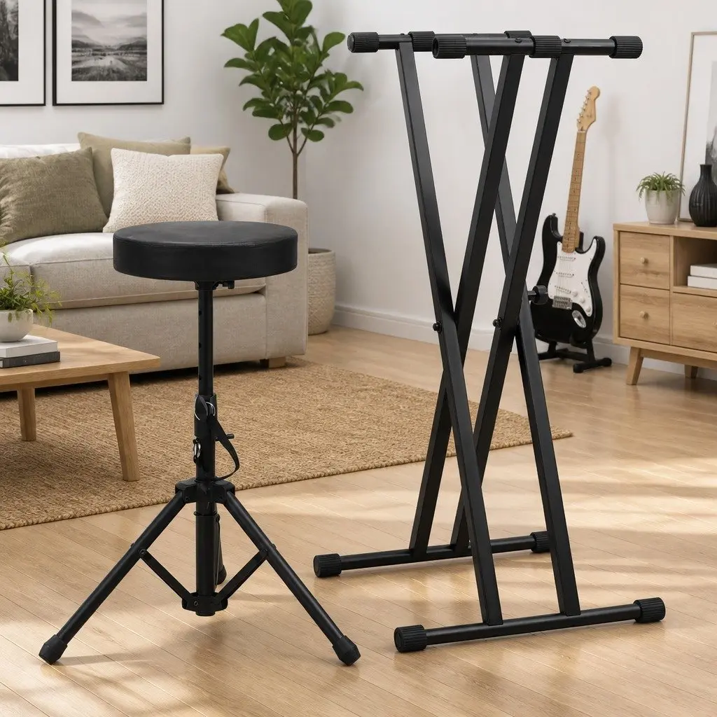 Adjustable Keyboard Stand and Stool Set for Music Performance Black Foldable