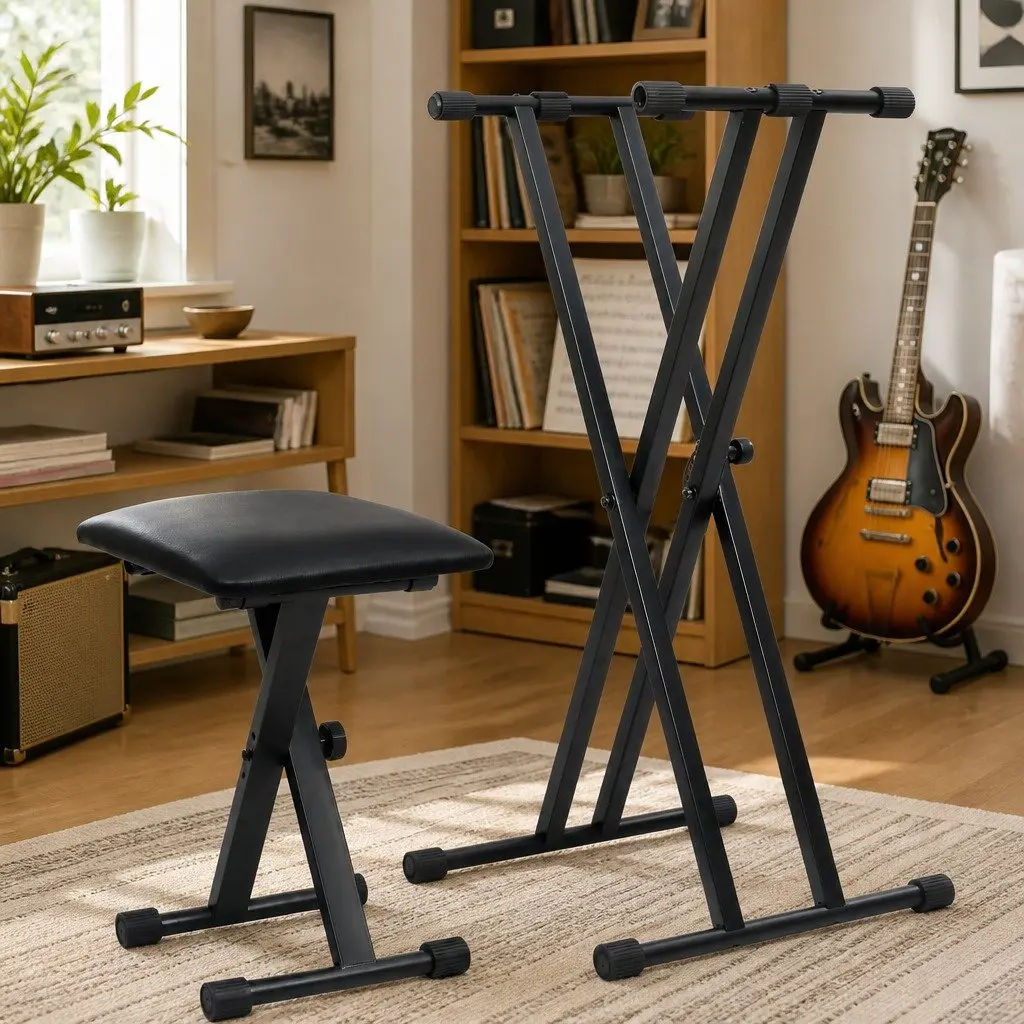 Adjustable Keyboard Stand and Stool Set Foldable Music Performance Practice Black
