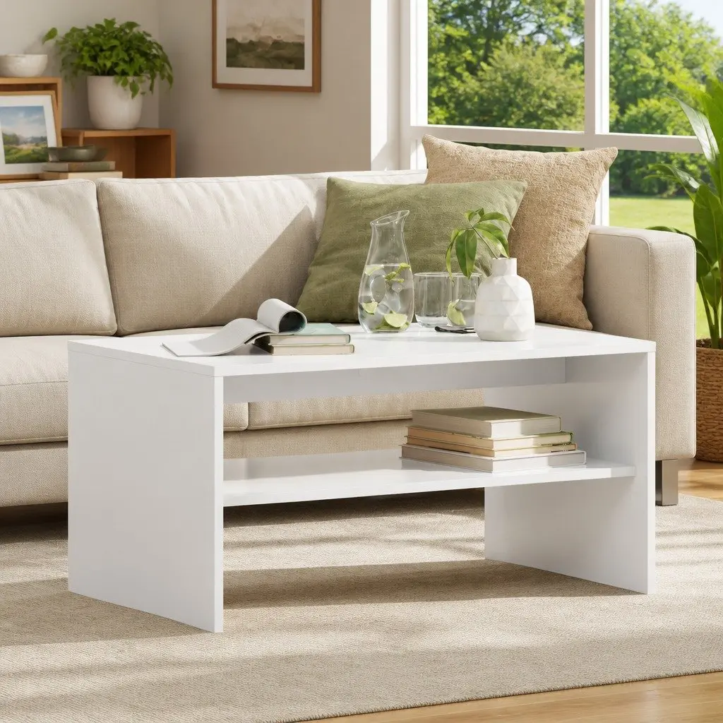 Coffee Table Modern Rectangular White Indoor Living Room Storage