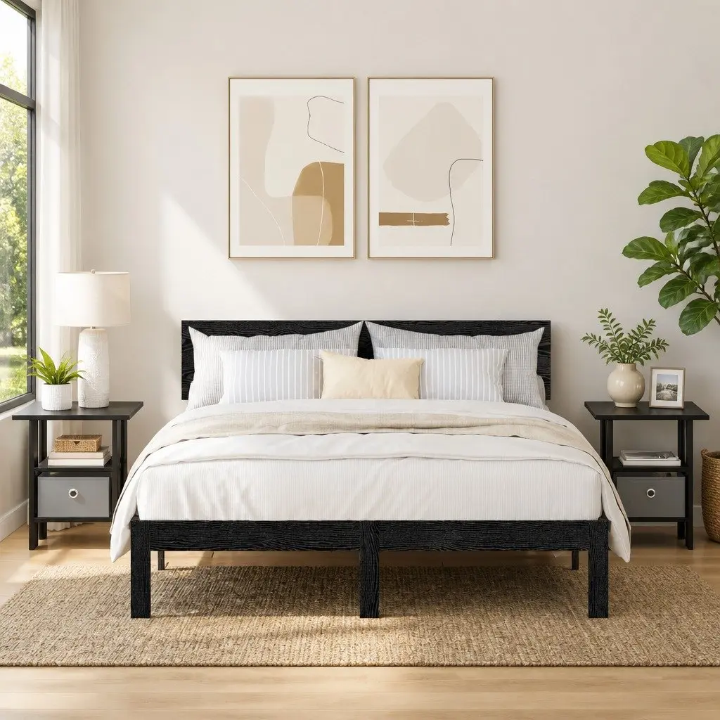 Bedside Table 2 pcs Black Modern Bedroom Furniture Nightstand Storage Drawer