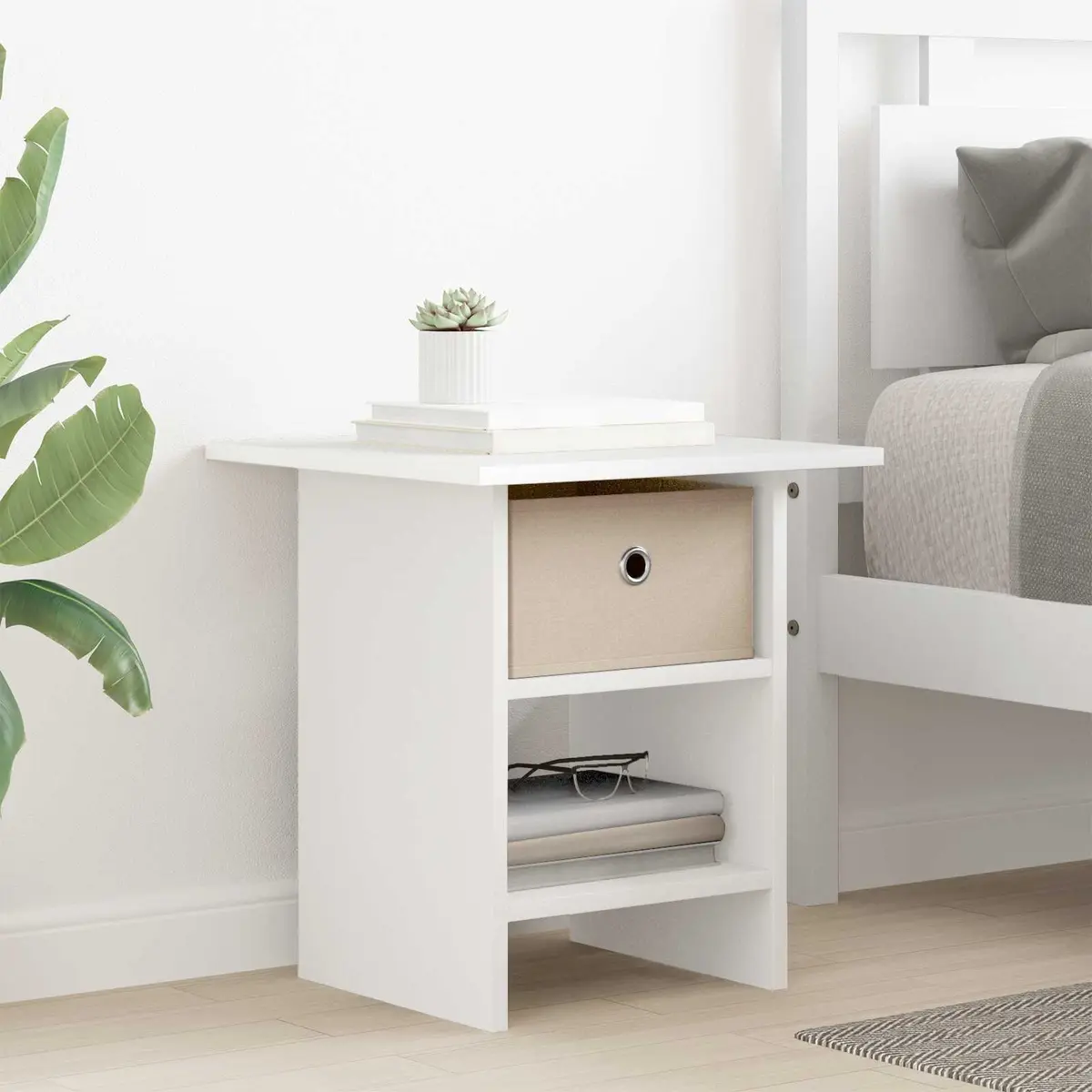 Bedside Table 2 pcs White Modern Bedroom Nightstand Storage Drawer Shelf Compact