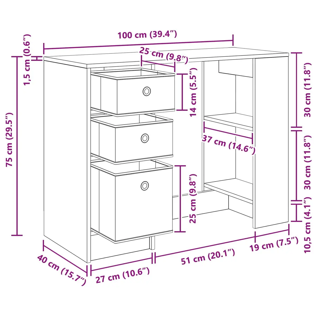 Rectangular Writing Desk Home Office 100x40x75cm White Engineered Wood Furniture